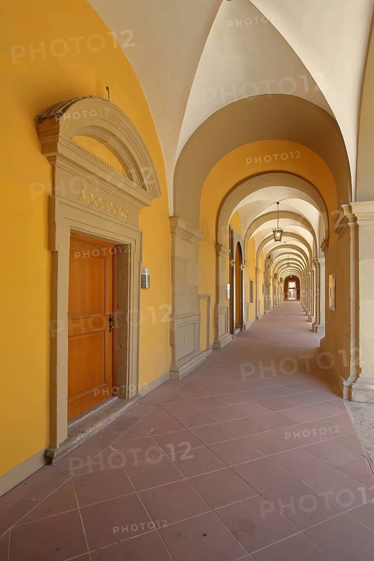 Arcade of the baroque Fürstenbau, Juliasspital, orange, yellow, vanishing point, perspective, Würzburg, Lower Franconia, Franconia, Bavaria, Germany, Europe