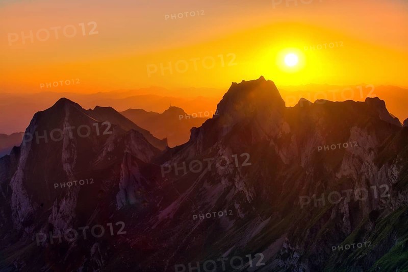 Alpstein Mountains at sunrise, view of Mount Hoher Kasten, Canton Appenzell Innerrhoden, Switzerland, Europe