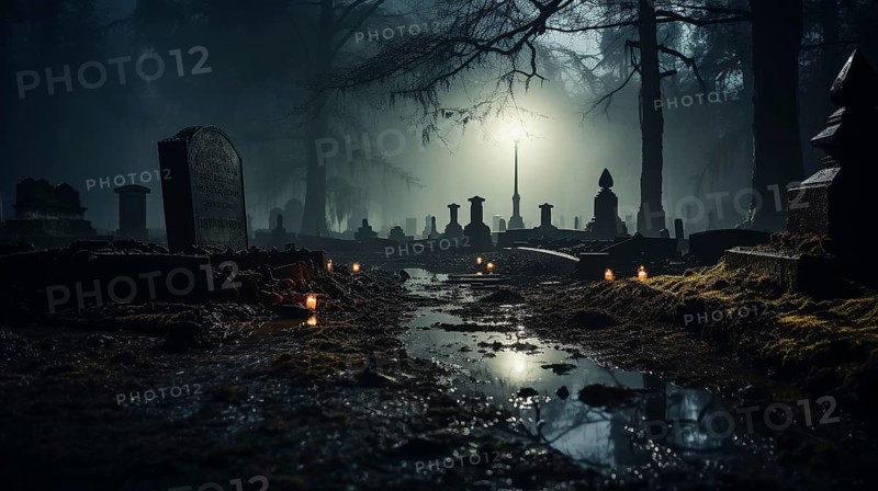 Foggy eerie haunted cemetery on halloween night, generative AI