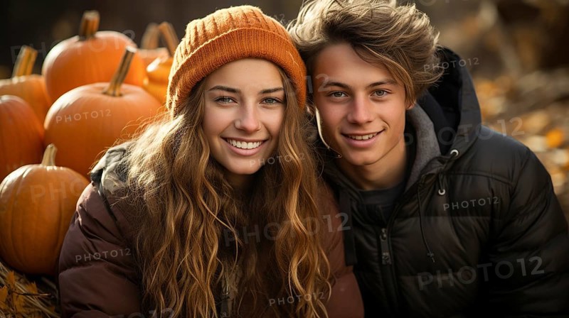 Young boyfriend and girlfriend enjoying the fall pumpkin patch on an autumn day, generative AI