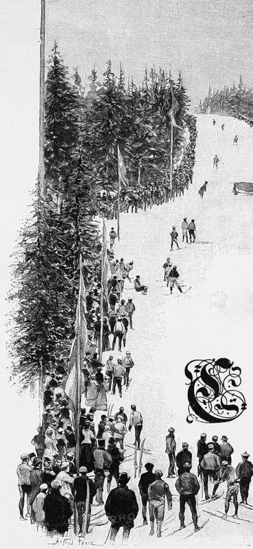 Oslo formerly Christiania, capital of Norway, ice skating, winter sports, skiing, many people, slope, snow, winter, firs, forest, flags, spectators, historical illustration around 1898