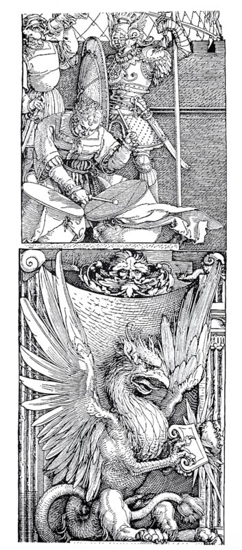 The triumphal arch for Emperor Maximilian, the top of the column, woodcut by Albrecht Dürer, historical, digital improved reproduction of an old woodcut