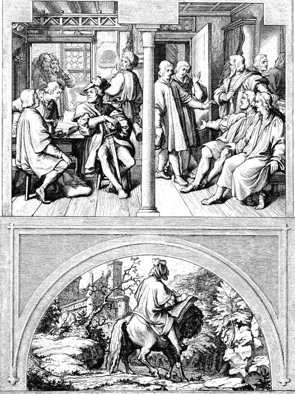 Martin Luther and the Swiss students in the inn, Jena (top left), Luther in the circle of Wittenberg friends (top right), Luther riding away from the Wartburg (bottom), town of Wittenberg, horse, castle, landscape, Bible, 16th century, historical illustration c. 1860
