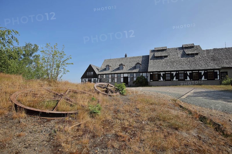 Former historical mine Alte Elisabeth Fundgrube Himmelfahrt, technical, university, TU, Bergakademie, UNESCO Montanregion, flywheel, drive wheel, symbol, colliery, mining, industry, ore mine, Freiberg, Saxony, Germany, Europe