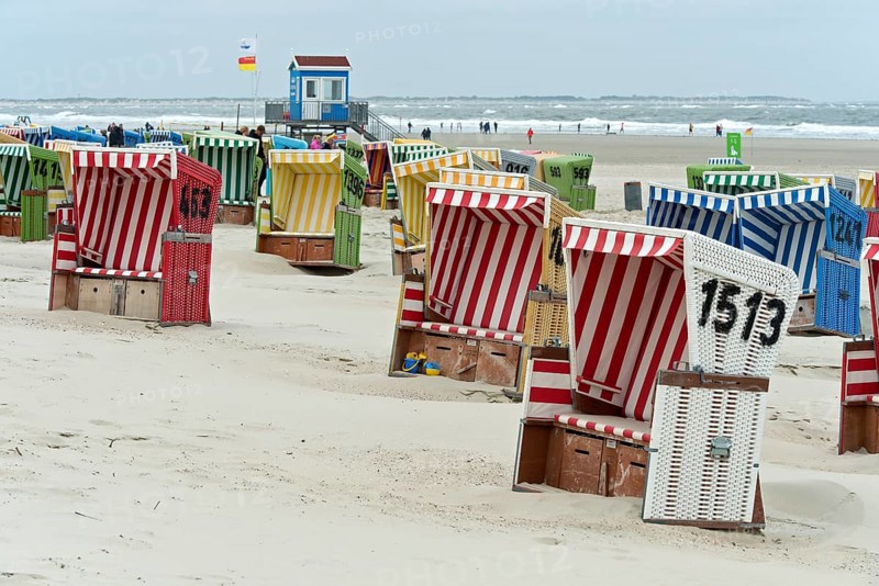 Empty beach chairs on a cool day in the early season on the beach of Langeoog, East Frisian Islands, Lower Saxony, Germany, Europe