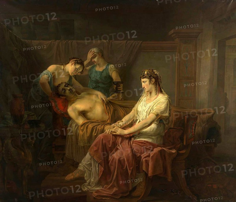 The mortally wounded Marcus Antonius with Cleopatra, Pharaoh Cleopatra VII born 69 BC, died 12 August 30 BC, ruled Egypt as the last queen of the Macedonian-Greek dynasty of the Ptolemies from 51 BC to 30 BC, Marcus Antonius, was a Roman politician and general, Painting by Louis Moritz, Historic, digitally restored reproduction from an original of the period