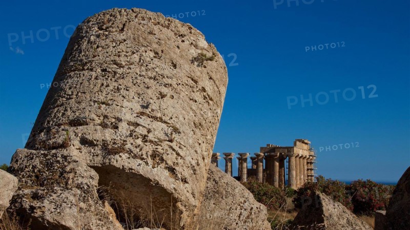Detail, super wide angle shot, column remnant, Temple G, Temple of Zeus, Selinunte, Archaeological Site, Southwest Sicily, Sicily, Italy, Europe