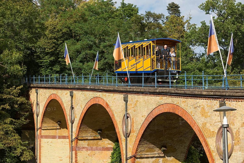 Nerobergbahn on the viaduct, rack-and-pinion funicular railway, technical cultural monument, Wiesbaden, Hesse, Germany, Europe