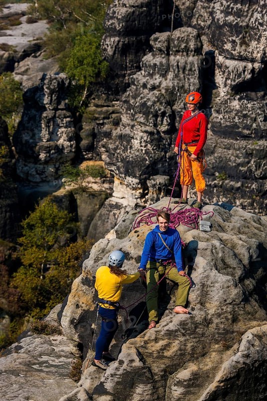 Climbers in the Schrammstein area in Saxon Switzerland