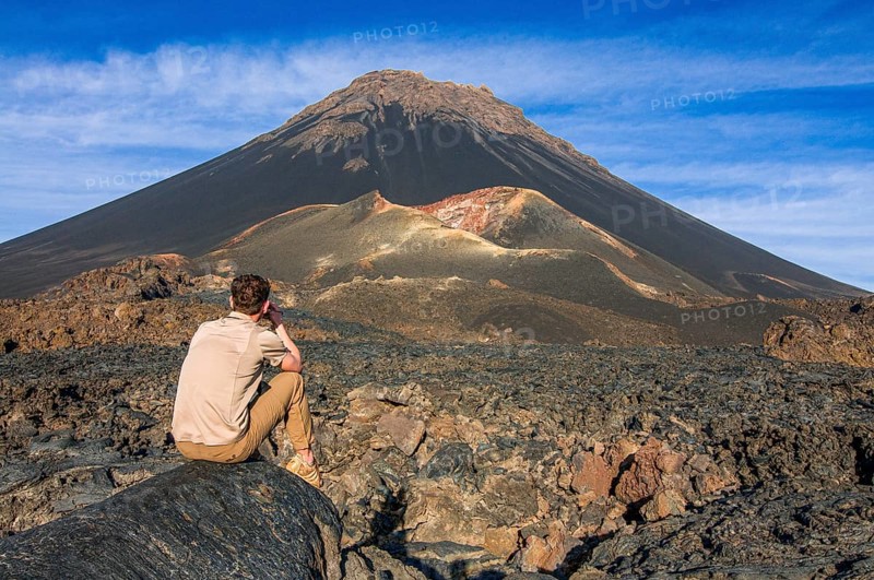 Man near Vulcano on Fogo. Cabo Verde. Africa