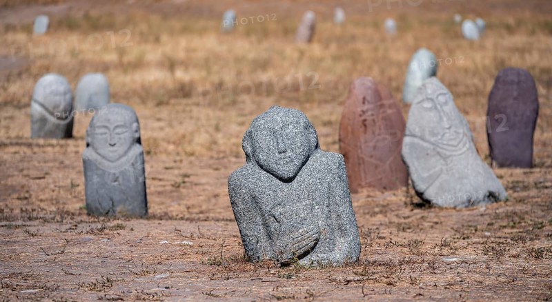 Balbals, historical gravestones in the shape of human faces, near Tokmok, Chuy, Kyrgyzstan, Asia