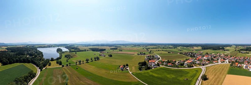 Drone shot, Abtsdorfer See with village Leobendorf, municipality Saaldorf-Surheim, Rupertiwinkel, Upper Bavaria, Bavaria, Germany, Europe
