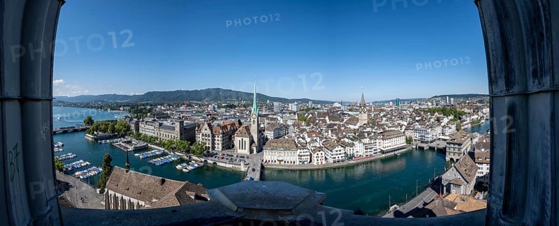 Panorama, view over the old town of Zurich with river Limmat, church Fraumünster and Münsterbrücke, from the tower of the Grossmünster, Zurich old town, Zurich, canton Zurich, Switzerland, Europe