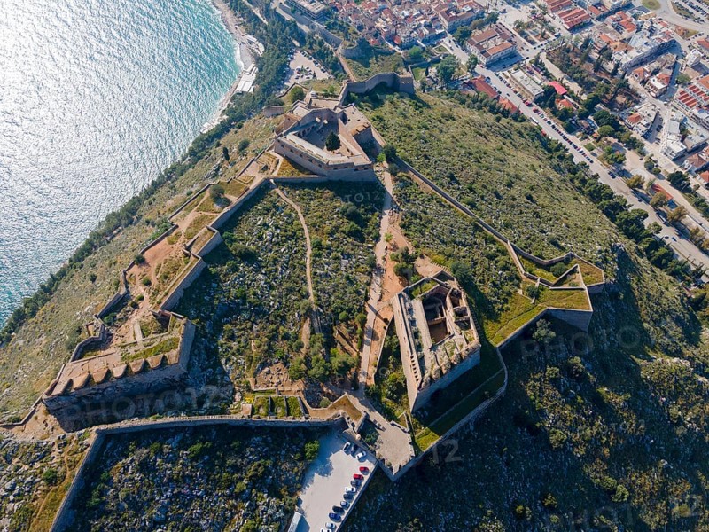 Aerial view, Palamidi Castle, Palamidi Fortress, Nafplio, Nauplia, Nauplion, Nafplion, Argolis, Argolic Gulf, Peloponnese, Greece, Europe