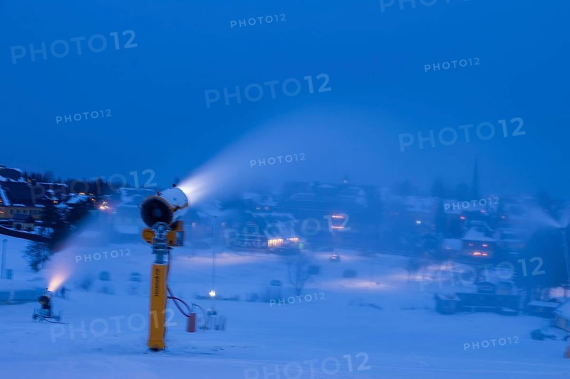 In anticipation of easing of the corona-induced logdown, the ski slope in Altenberg in Saxony's Ore Mountains is artificially snowed with snow cannons