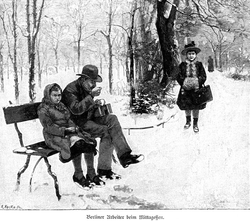 Berlin worker having lunch, Berlin, winter, snow, cold, park, bench, man, child, daughter, woman, walk, way, sitting, poverty, thrift, Germany, historical illustration around 1989, Europe