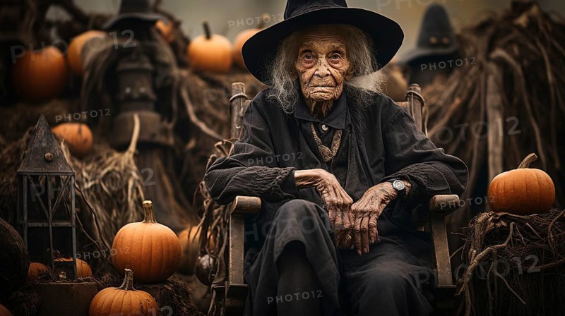 Ghostly scary old witch sitting amongst pumpkins and other halloween decorations, generative AI