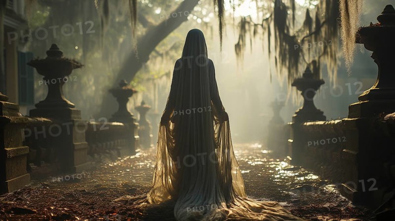 Ghostly female figure silhouette standing or walking amidst the spooky halloween fog outside, generative AI