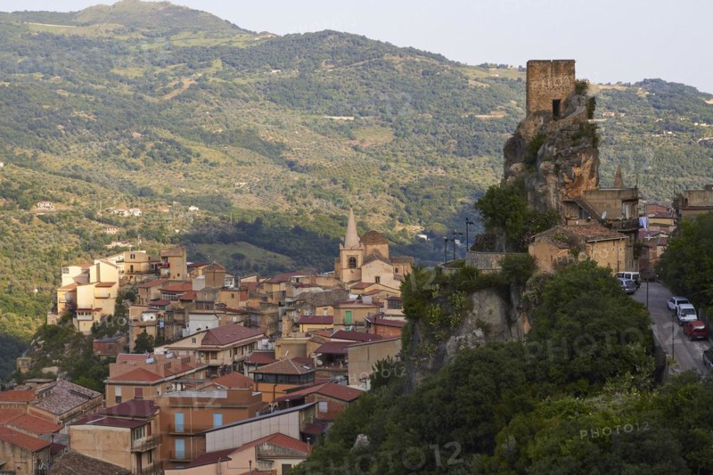 Morning light, Alcara li Fusi, village, tower on rocky outcrop, Nebrodi National Park, Sicily, Italy, Europe