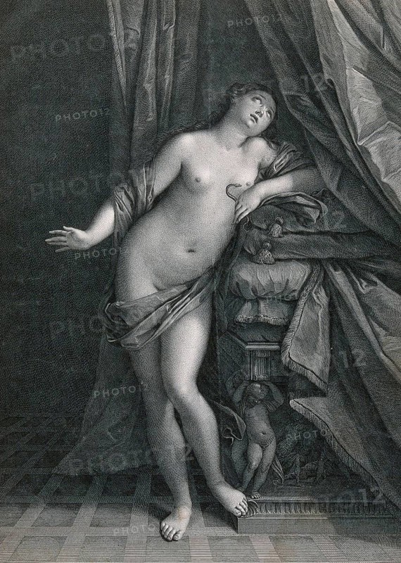 The Suicide of Cleopatra, Cleopatra standing beside her bed holding the snake in her left hand, Historical, digitally enhanced reproduction of an original from the period