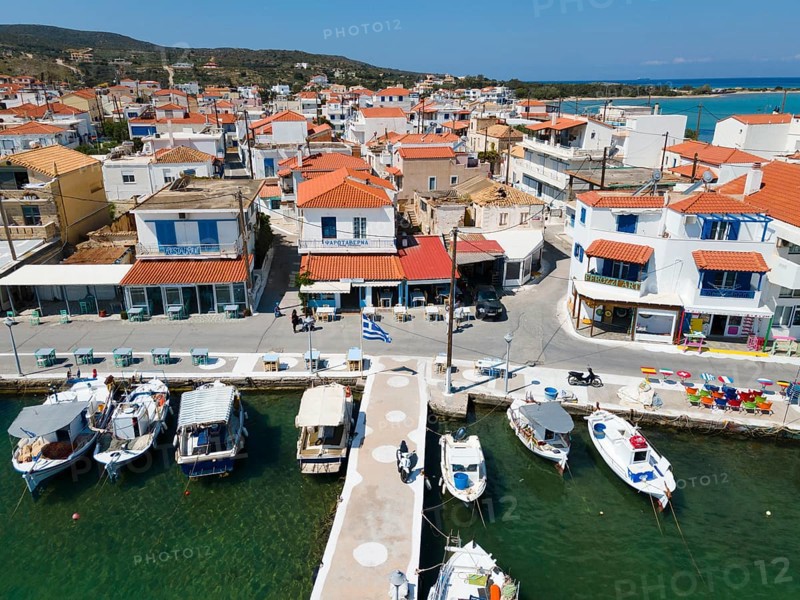Drone shot, harbour, town of Elafonisos, Elafonisos, Deer Island, Laconia, Peloponnese, Ionian Islands, Ionian Sea, Greece, Europe