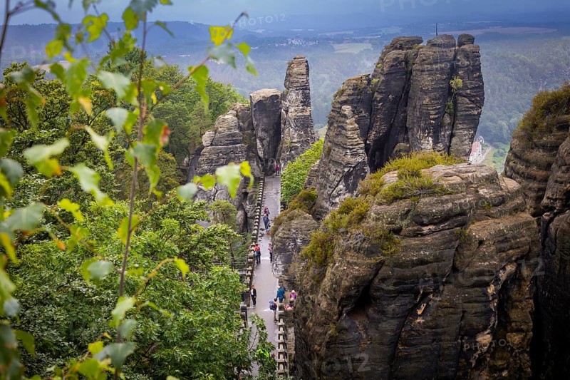 The world-famous Bastei Bridge over the Wehlgrund with Neurathen Rock Castle