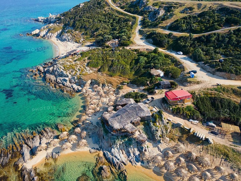 Aerial view, Tigania and Belka Beach, Kriaritsi, Sithonia, Chalkidiki, Central Macedonia, Greece, Europe