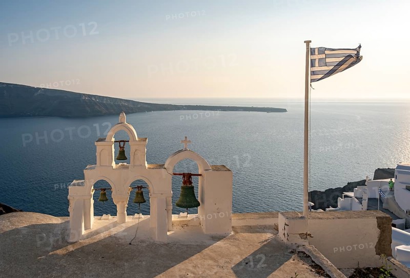 Bell Tower and Greek National Flag, Ia, Oia, Santorini, Greece, Europe