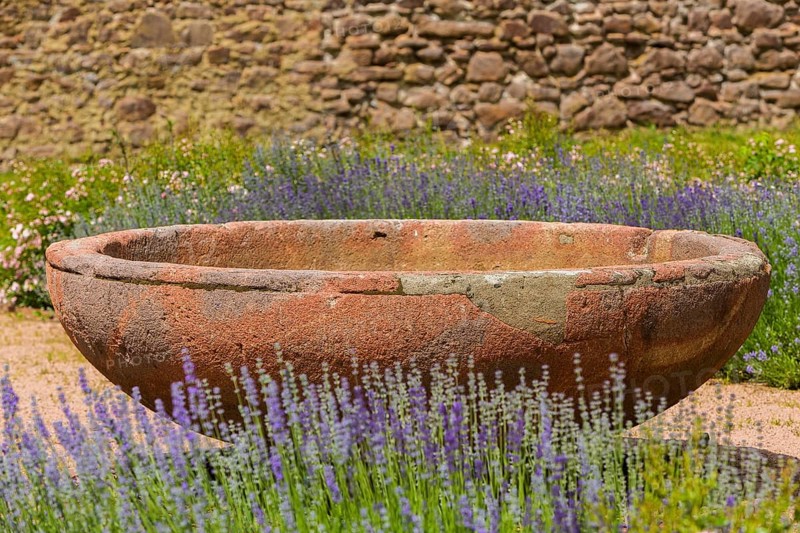 DEU Saxony Klosterbuch Area of the former cloister with Romanesque fountain bowl in the Kreugarten Buch Monastery is a former Cistercian monastery founded as St. Mary's Monastery in the 12th century. After the Reformation, it and its lands became a purely agricultural enterprise