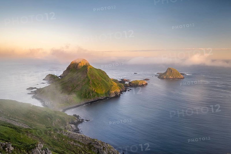 View from Mount Bufjellet towards the coast near Nykvag, Langoya Island, Vesteralen Archipelago, Norway, Europe