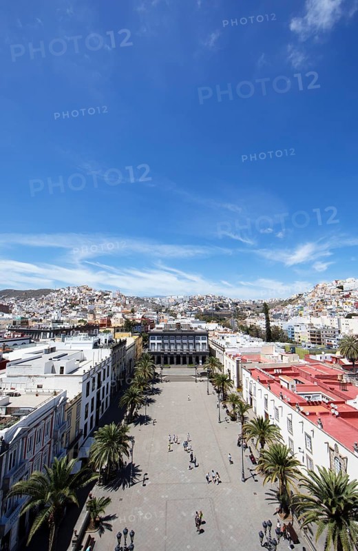 View from the tower of the Santa Ana Cathedral to the colourful houses of Las Palmas, in front the Plaza de Santa Ana, Las Palmas Province, Gran Canaria, Canary Islands, Spain, Europe