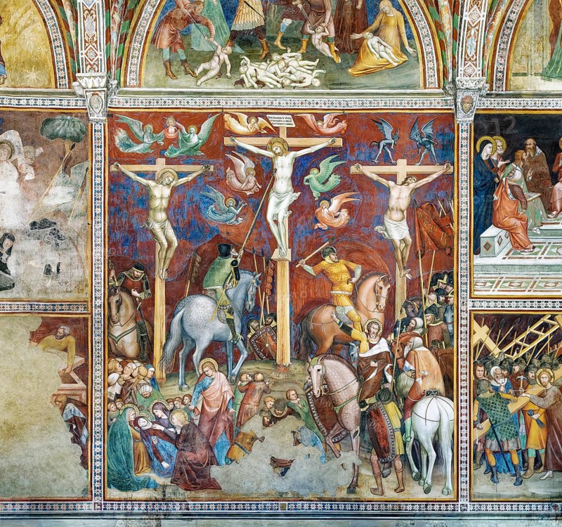 Fresco, Crucifixion of Jesus Christ, painters Lippo and Federico Memmi, Collegiata di Santa Maria Assunta also Duomo di San Gimignano, San Gimignano, Province of Siena, Tuscany, Italy, UNESCO World Heritage Site, Europe