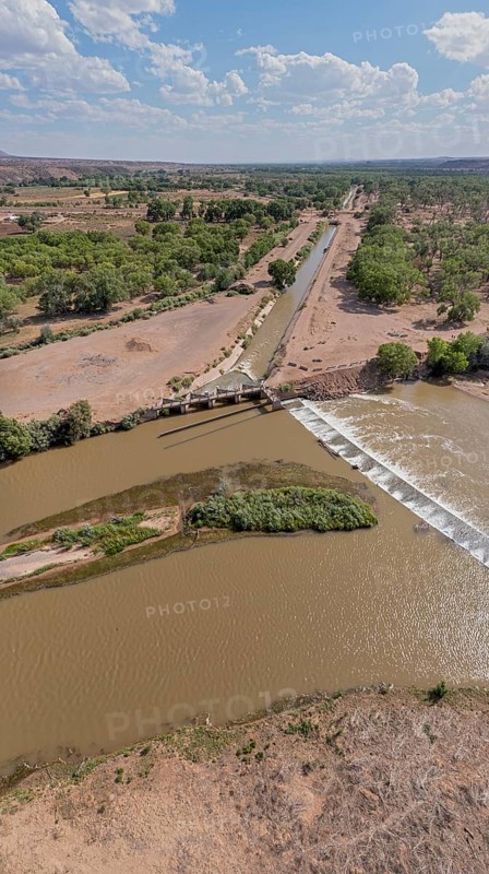 Algodones, New Mexico, The Angostura Diversion dam (right) sends water from the Rio Grande into irrigation canals. Much of the state is experiencing extreme drought, and farmers are not getting all the water they need to grow their crops in the desert