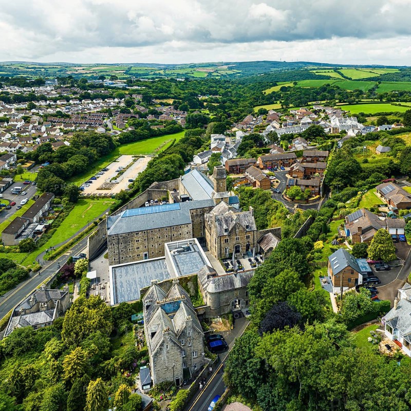 Bodmin Jail and Bodmin Luxury Hotel from a drone, Bodmin Moor, Cornwall, England, UK