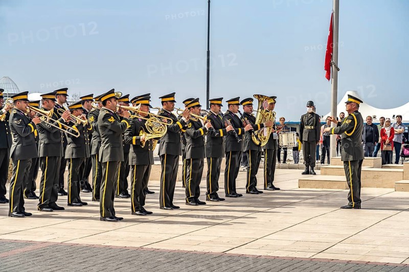 Military band of Turkish soldiers at the monument to Kemal Atatürk on the promenade in Kyrenia or Girne, Turkish Republic of Northern Cyprus