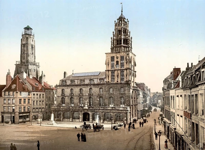 The Place d'Armes, Calais, France, c. 1890, Historic, digitally enhanced reproduction of a photochrome print from 1895, Europe