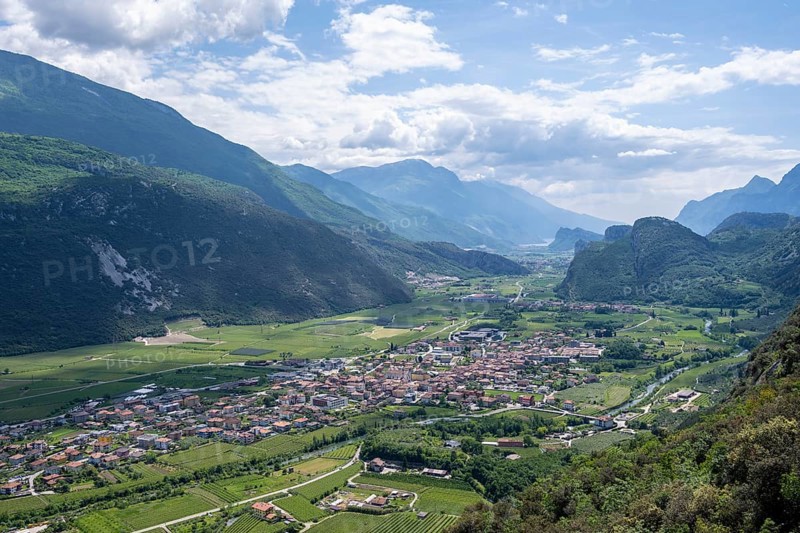 Town view, view of the Sarca Valley with the village of Dro, Garda Mountains, Arco, Trentino-Alto Adige, Italy, Europe