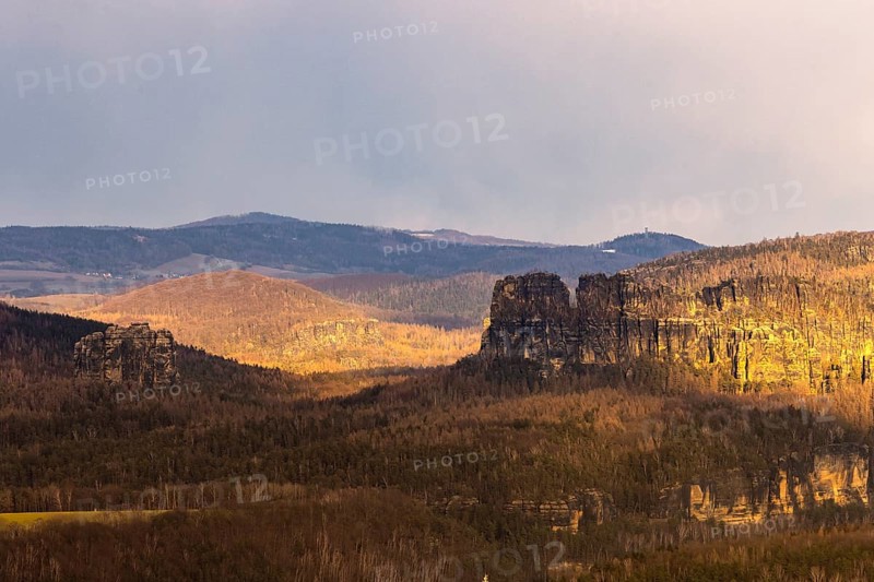 Sunset at the Papstein in Saxon Switzerland.view to the Schrammsteinen