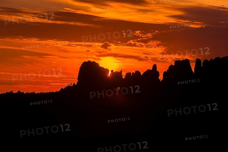 DEU Saxony Bad Schandau Sunset at the Kleine Bastei in the Schrammstein area
