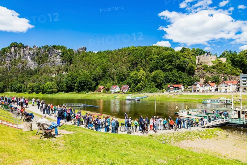 Rathen in Saxon Switzerland, queue for the ferry across the Elbe River
