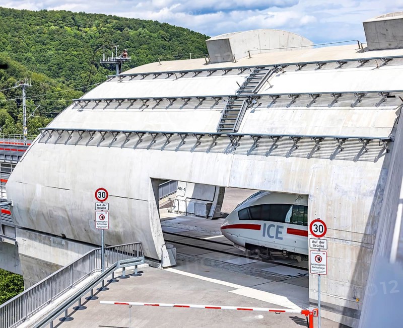 Filstal bridge on the high-speed Wendlingen (Stuttgart), Ulm line. According to Deutsche Bahn, the bridge is the third highest railway bridge in Germany. Deutsche Bahn ICE in the rescue access road for emergency services at the Steinbühl Tunnel portal, Mühlhausen im Täle, Baden-Württemberg, Germany, Europe