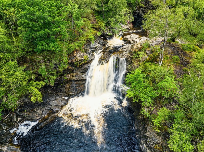 Falls of Falloch from a drone, Waterfall on River Falloch, Crianlarich, Stirling, West Highland, Scotland, UK