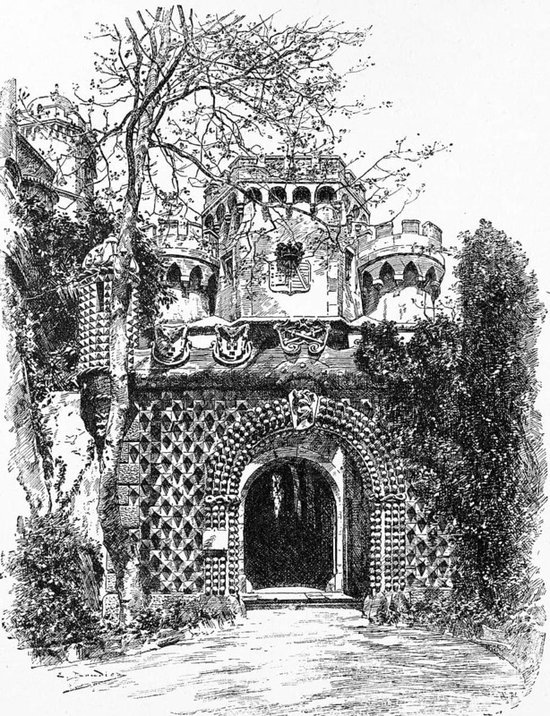 Portal, former royal castle Penha in Cintra, province Estremadura, district Lisbon, gate, masonry, watch towers, emblem, tree, plants, Portugal, historical illustration around 1898, Europe