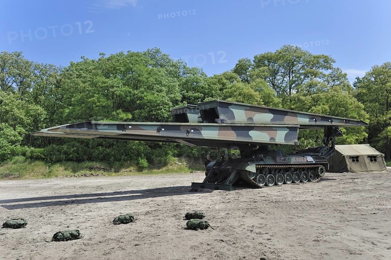 Iguana support bridge mounted on Leopard I tank, combat engineer vehicle of the Belgian army, Belgium, Europe