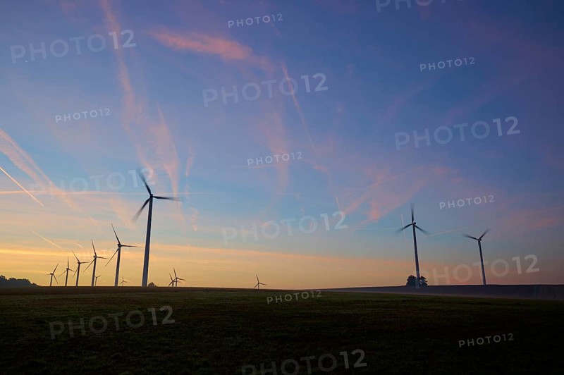Wind turbines at dawn in the morning, Wertheim, Baden-Württemberg, Germany, Europe