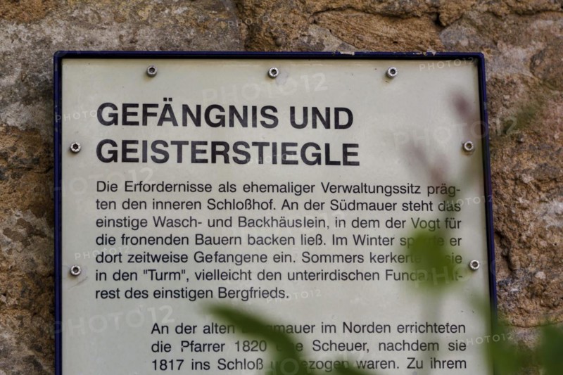 Gomaringen Castle, information board on former bakehouse and washhouse, prison in castle courtyard, history, letters, writing, text, Gomaringen, Baden-Württemberg, Germany, Europe