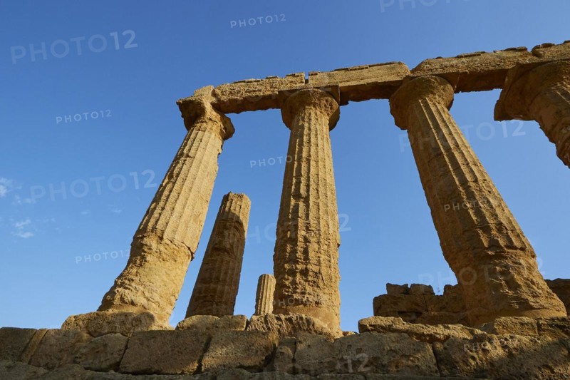 Super wide angle shot, columns, chapter, entablature, Hera temple, blue sky, late afternoon light, valley of the temples, valle dei templi, Agrigento, Sicily, Italy, Europe