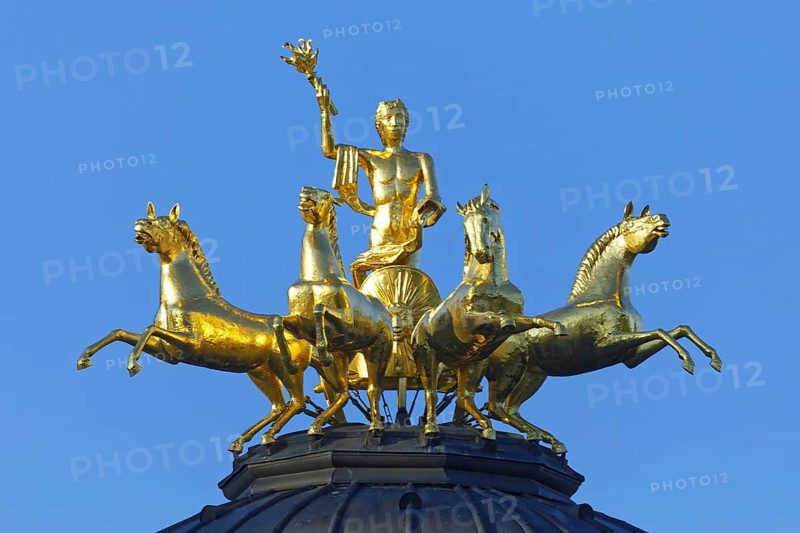 Quadriga on roof, gilded, Apollo, god of light on four-in-hand chariot, four horses, carrying torch as symbol of the sun, temple of the sun, orangery, hermitage, historical park, garden, landscape park, rococo, built from 1715, Eremitage district, Bayreuth, Upper Franconia, Franconia, Bavaria, Germany, Europe