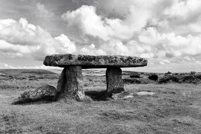 Portal tomb Lanyon Quoit, Neolithic dolmen in a meadow, monochrome, Penzance, Cornwall, England, Great Britain