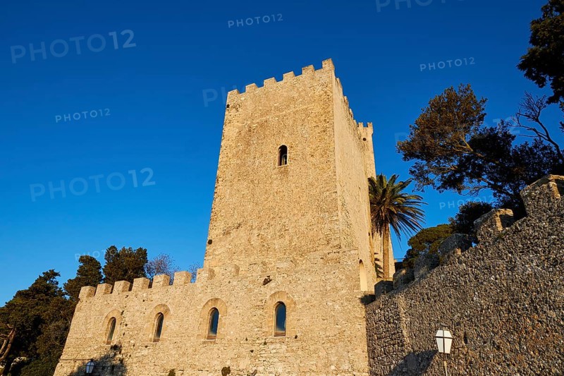 Morning light, Castello di Venere, Norman fortress, tower, close, blue cloudless sky, Erice, Trapani province, mountain, Sicily, Italy, Europe